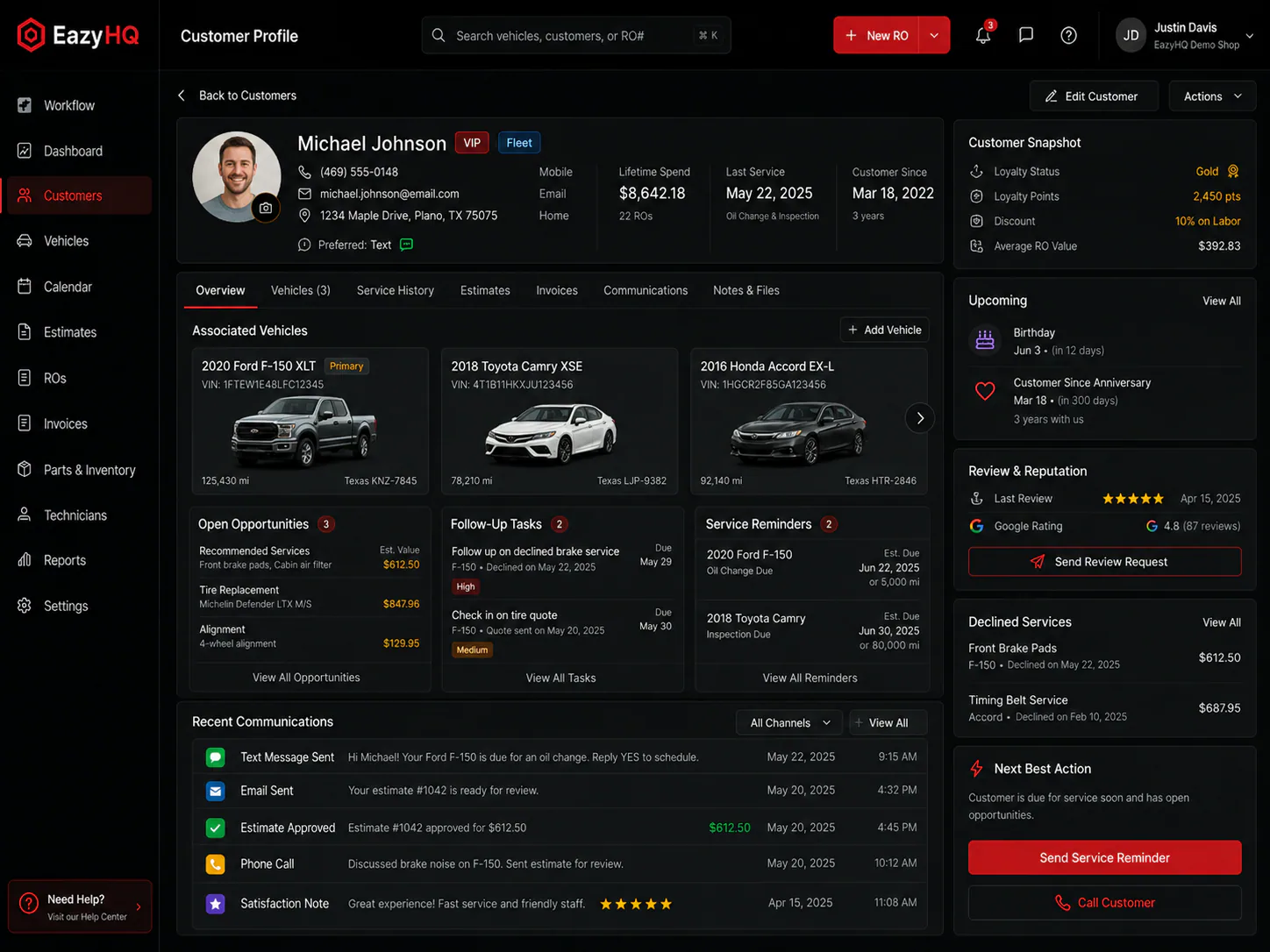 Customer and vehicle service profile
