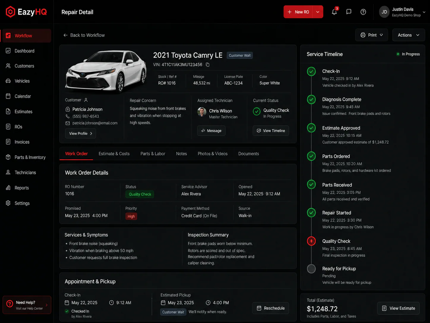 Repair detail and service timeline