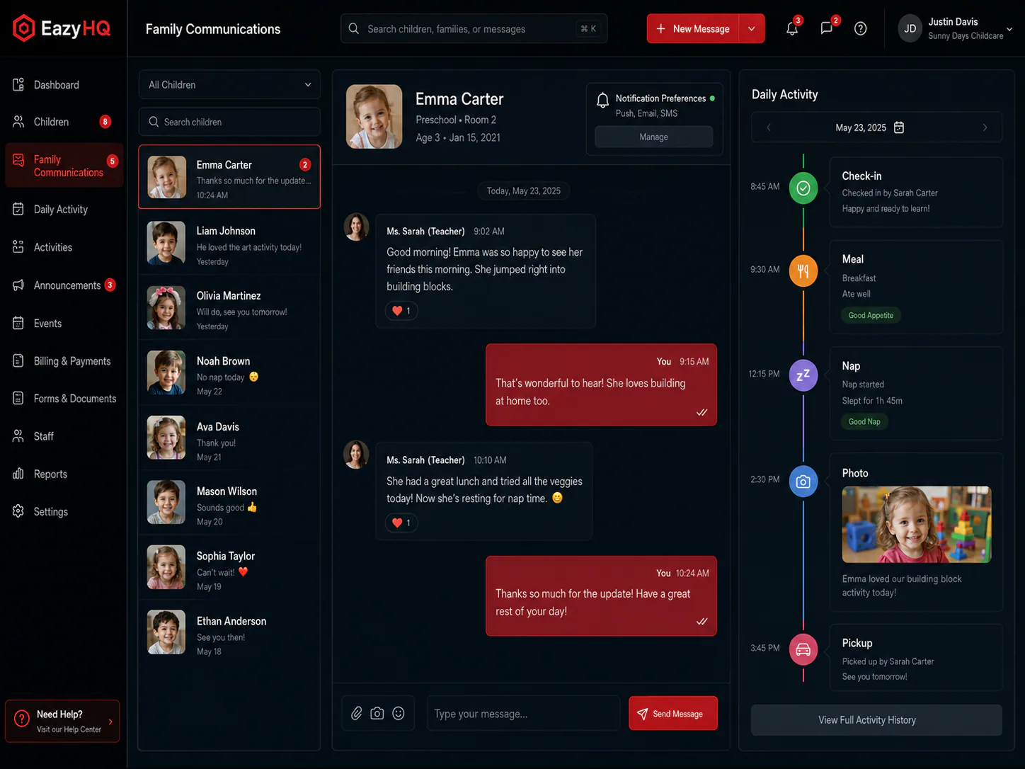 EazyHQ family communications and daily activity workspace