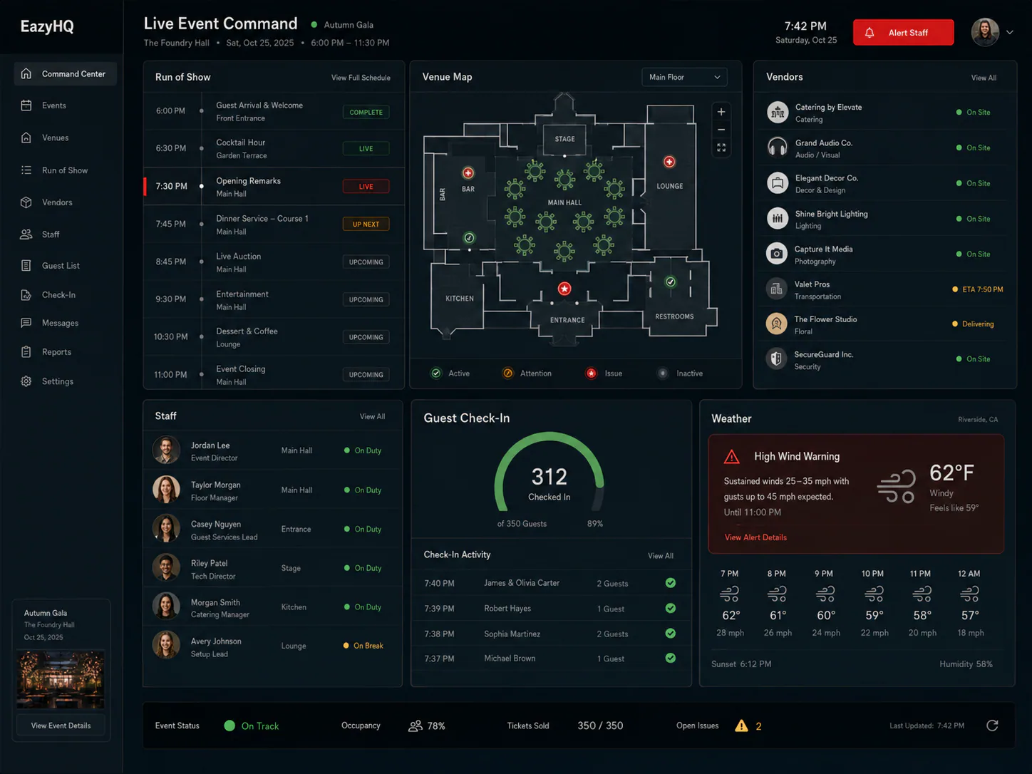 EazyHQ live event command center with venue map, run of show, vendors, staff, guest check-in, and weather