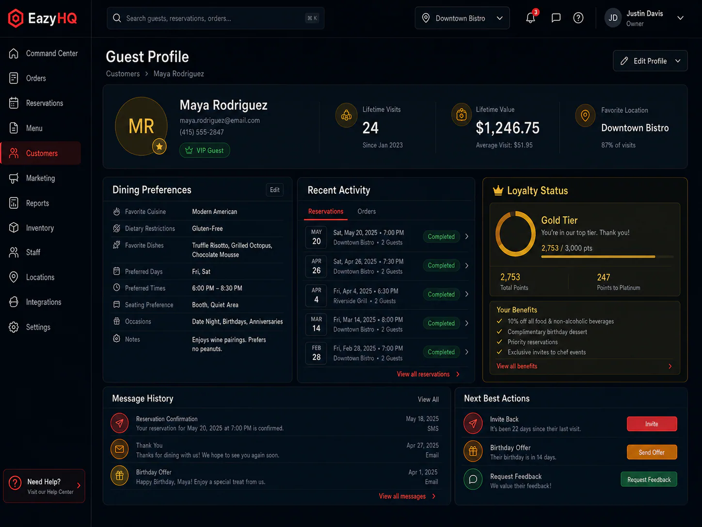 EazyHQ restaurant guest profile and loyalty workspace